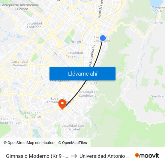 Gimnasio Moderno (Kr 9 - Cl 76) to Universidad Antonio Nariño map