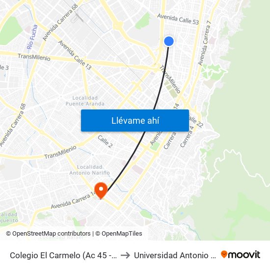 Colegio El Carmelo (Ac 45 - Kr 25a) to Universidad Antonio Nariño map