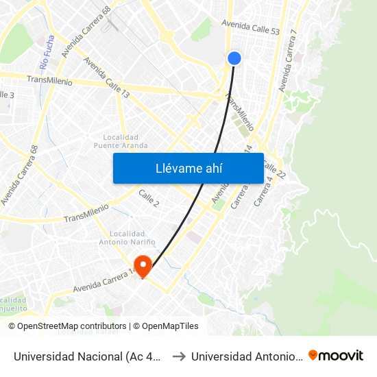 Universidad Nacional (Ac 45 - Kr 27a) to Universidad Antonio Nariño map