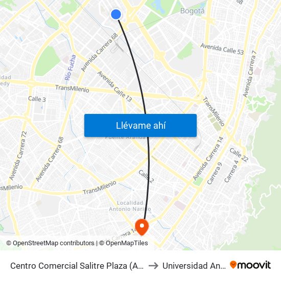 Centro Comercial Salitre Plaza (Av. La Esperanza - Kr 68b) to Universidad Antonio Nariño map