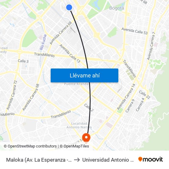 Maloka (Av. La Esperanza - Kr 69) to Universidad Antonio Nariño map