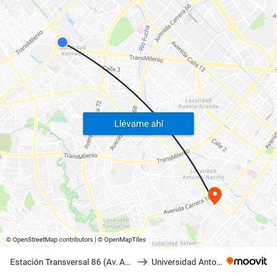 Estación Transversal 86 (Av. Américas - Kr 80c) to Universidad Antonio Nariño map