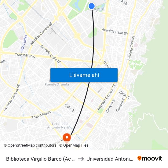 Biblioteca Virgilio Barco (Ac 63 - Kr 47) to Universidad Antonio Nariño map