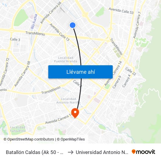 Batallón Caldas (Ak 50 - Cl 19) to Universidad Antonio Nariño map