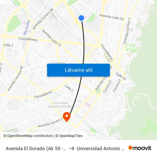 Avenida El Dorado (Ak 50 - Ac 26) to Universidad Antonio Nariño map