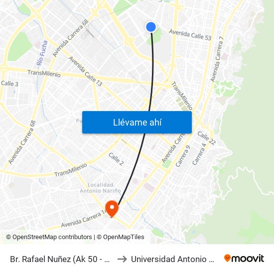 Br. Rafael Nuñez (Ak 50 - Cl 44f) to Universidad Antonio Nariño map