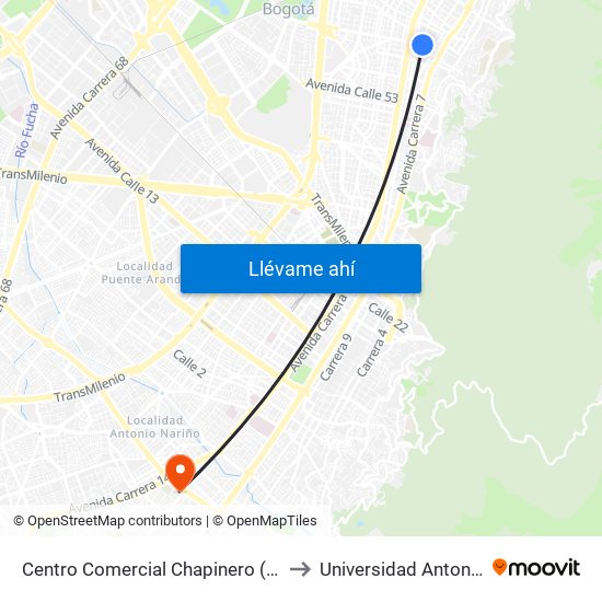 Centro Comercial Chapinero (Ac 63 - Kr 9a) to Universidad Antonio Nariño map