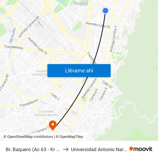 Br. Baquero (Ac 63 - Kr 19) to Universidad Antonio Nariño map