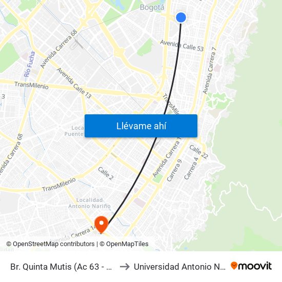 Br. Quinta Mutis (Ac 63 - Kr 26) to Universidad Antonio Nariño map