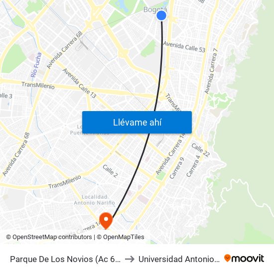 Parque De Los Novios (Ac 63 - Kr 45) to Universidad Antonio Nariño map