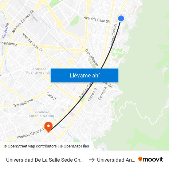 Universidad De La Salle Sede Chapinero (Kr 4 - Cl 58 Bis) to Universidad Antonio Nariño map