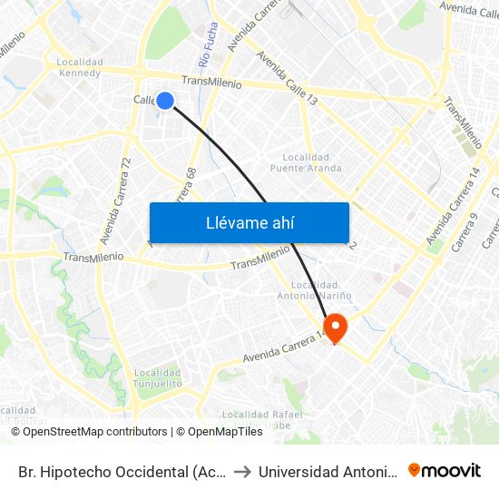 Br. Hipotecho Occidental (Ac 3 - Kr 70b) to Universidad Antonio Nariño map