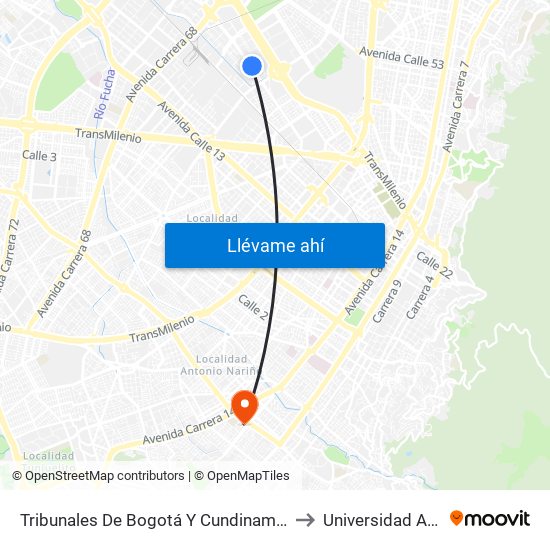 Tribunales De Bogotá Y Cundinamarca (Av. Esperanza - Kr 53) to Universidad Antonio Nariño map