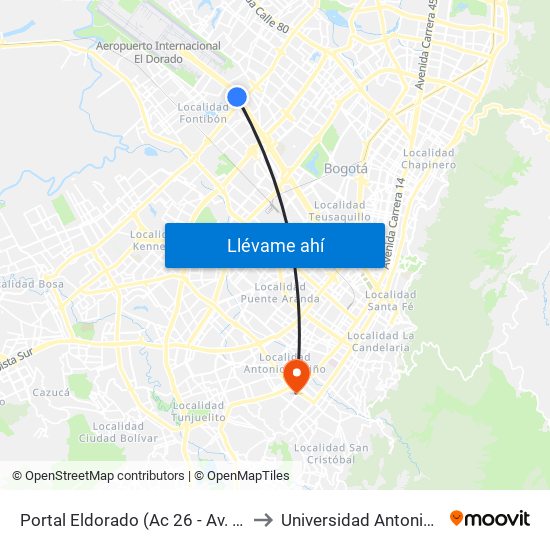 Portal Eldorado (Ac 26 - Av. C. De Cali) to Universidad Antonio Nariño map