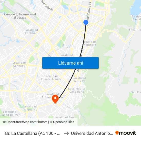 Br. La Castellana (Ac 100 - Kr 45) (A) to Universidad Antonio Nariño map