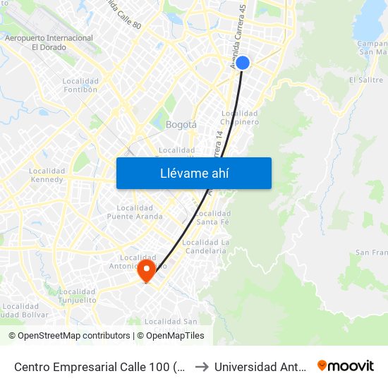Centro Empresarial Calle 100 (Ac 100 - Tv 21) (C) to Universidad Antonio Nariño map