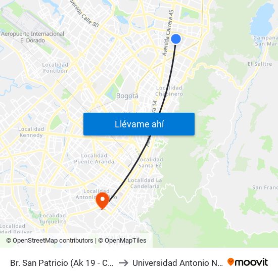 Br. San Patricio (Ak 19 - Cl 108) to Universidad Antonio Nariño map