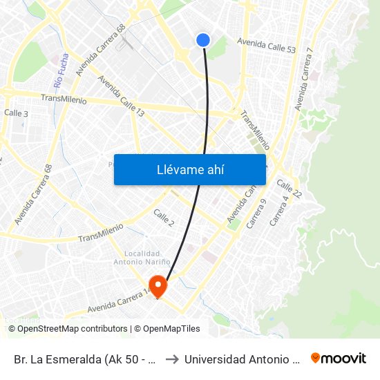 Br. La Esmeralda (Ak 50 - Cl 44b) to Universidad Antonio Nariño map