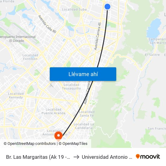 Br. Las Margaritas (Ak 19 - Cl 150) to Universidad Antonio Nariño map