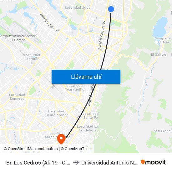 Br. Los Cedros (Ak 19 - Cl 145) to Universidad Antonio Nariño map
