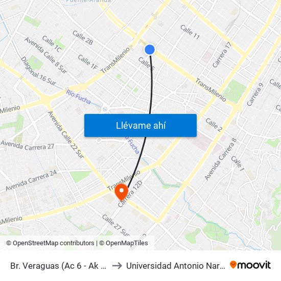 Br. Veraguas (Ac 6 - Ak 27) to Universidad Antonio Nariño map