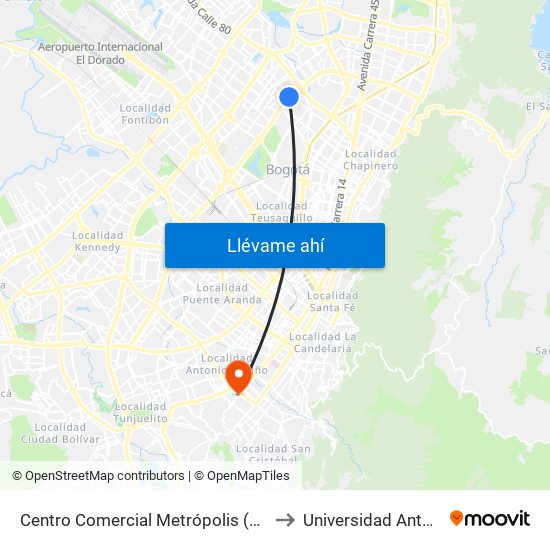 Centro Comercial Metrópolis (Ak 68 - Cl 76a) (A) to Universidad Antonio Nariño map