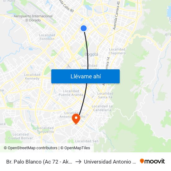 Br. Palo Blanco (Ac 72 - Ak 70) (A) to Universidad Antonio Nariño map