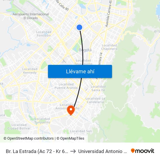 Br. La Estrada (Ac 72 - Kr 69k) (A) to Universidad Antonio Nariño map