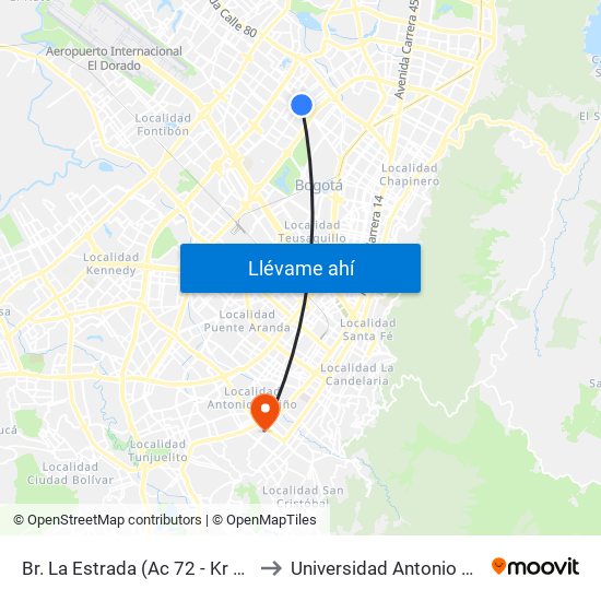 Br. La Estrada (Ac 72 - Kr 69) (A) to Universidad Antonio Nariño map