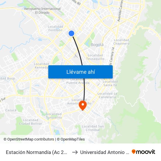 Estación Normandía (Ac 26 - Kr 74) to Universidad Antonio Nariño map