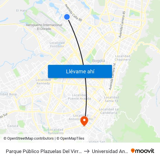 Parque Público Plazuelas Del Virrey (Ac 72 - Kr 105h) (A) to Universidad Antonio Nariño map