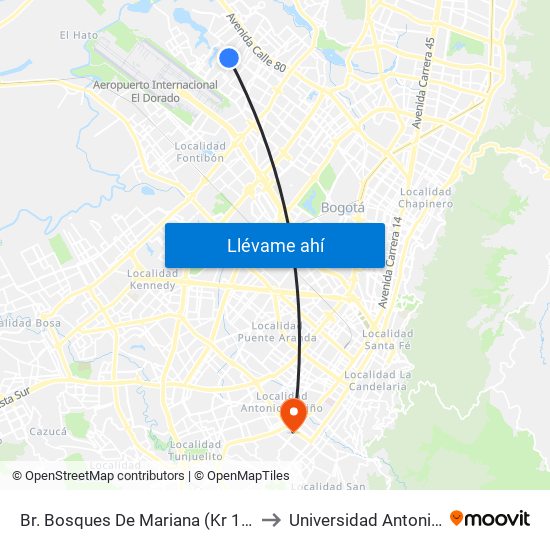 Br. Bosques De Mariana (Kr 106a - Cl 70f) to Universidad Antonio Nariño map