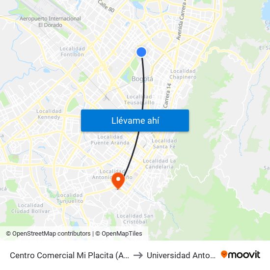 Centro Comercial Mi Placita (Ac 68 - Kr 65) (A) to Universidad Antonio Nariño map