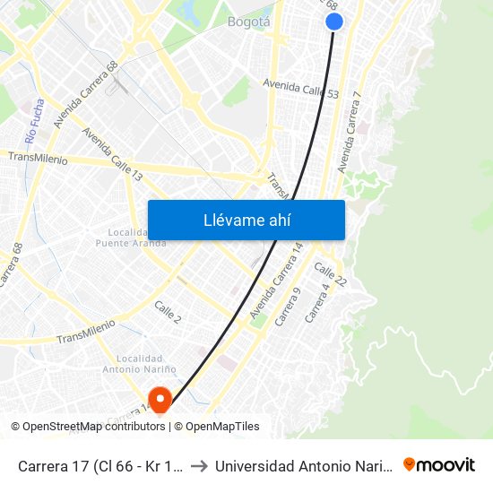 Carrera 17 (Cl 66 - Kr 17) to Universidad Antonio Nariño map