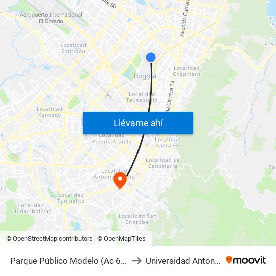 Parque Público Modelo (Ac 68 - Kr 57) (A) to Universidad Antonio Nariño map