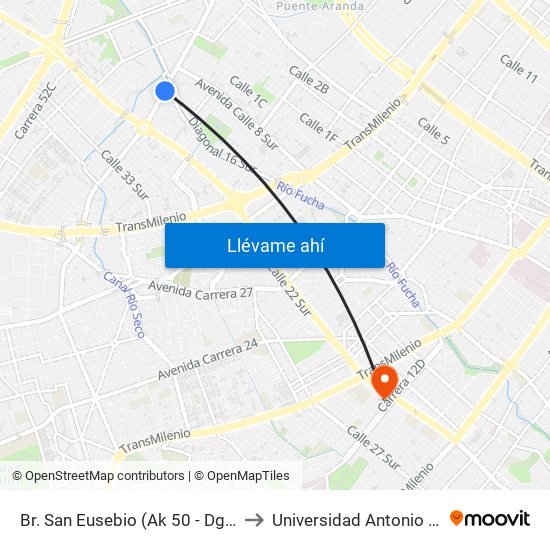 Br. San Eusebio (Ak 50 - Dg 16 Sur) to Universidad Antonio Nariño map