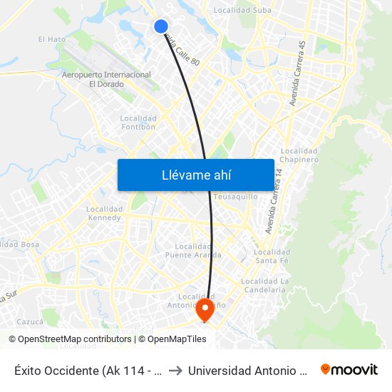 Éxito Occidente (Ak 114 - Cl 79) to Universidad Antonio Nariño map