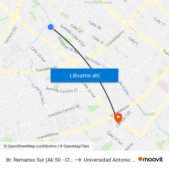 Br. Remanso Sur (Ak 50 - Cl 17 Sur) to Universidad Antonio Nariño map