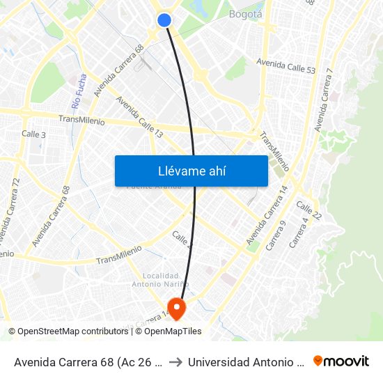 Avenida Carrera 68 (Ac 26 - Kr 68) to Universidad Antonio Nariño map