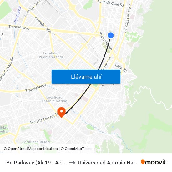 Br. Parkway (Ak 19 - Ac 34) to Universidad Antonio Nariño map