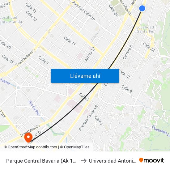 Parque Central Bavaria (Ak 13 - Cl 29) (A) to Universidad Antonio Nariño map