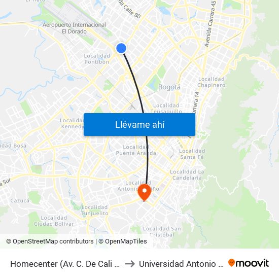 Homecenter (Av. C. De Cali - Cl 52a) to Universidad Antonio Nariño map