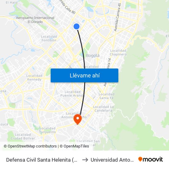 Defensa Civil Santa Helenita (Kr 77a - Cl 69a) to Universidad Antonio Nariño map