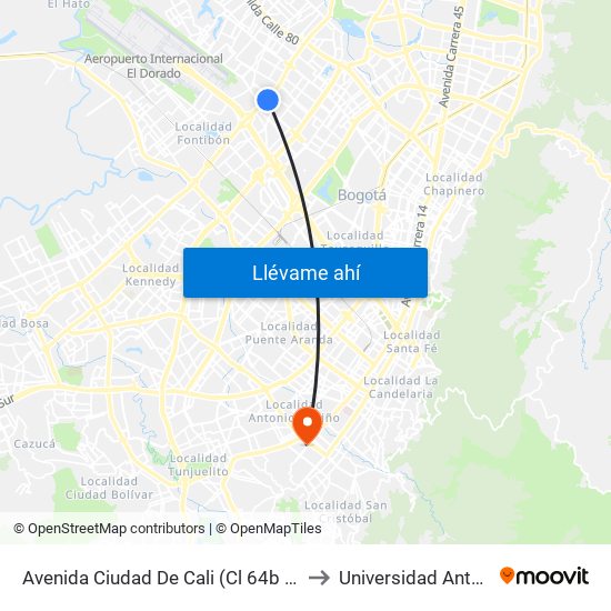 Avenida Ciudad De Cali (Cl 64b Bis - Av. C. De Cali) to Universidad Antonio Nariño map