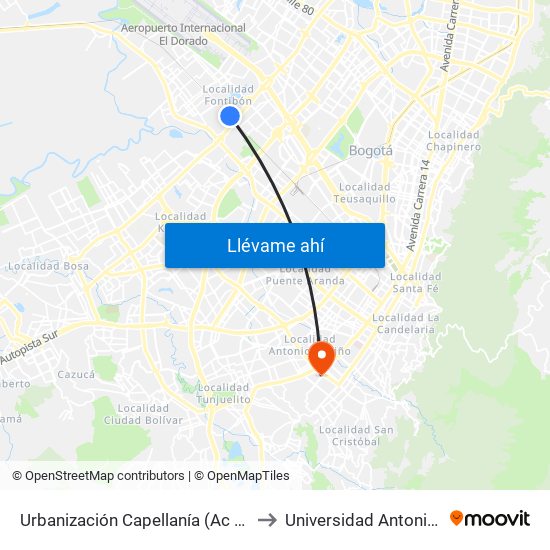 Urbanización Capellanía (Ac 22 - Kr 87c) to Universidad Antonio Nariño map