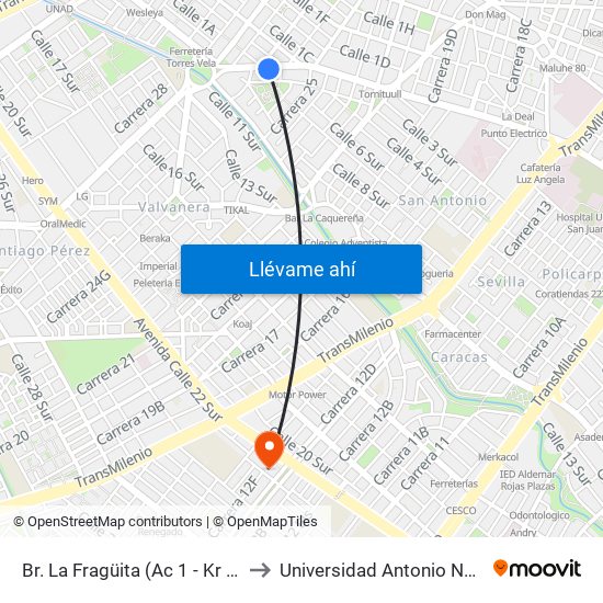 Br. La Fragüita (Ac 1 - Kr 25a) to Universidad Antonio Nariño map