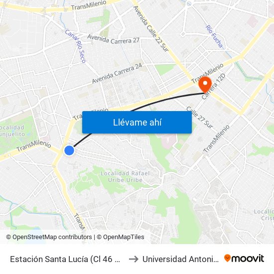 Estación Santa Lucía (Cl 46 Sur - Kr 19a) to Universidad Antonio Nariño map