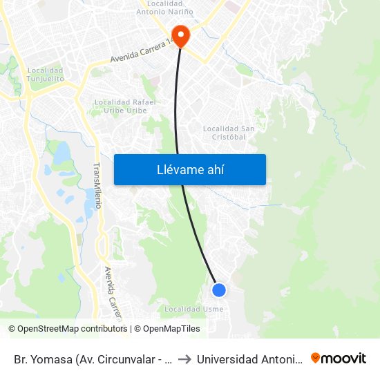Br. Yomasa (Av. Circunvalar - Cl 72a Sur) to Universidad Antonio Nariño map