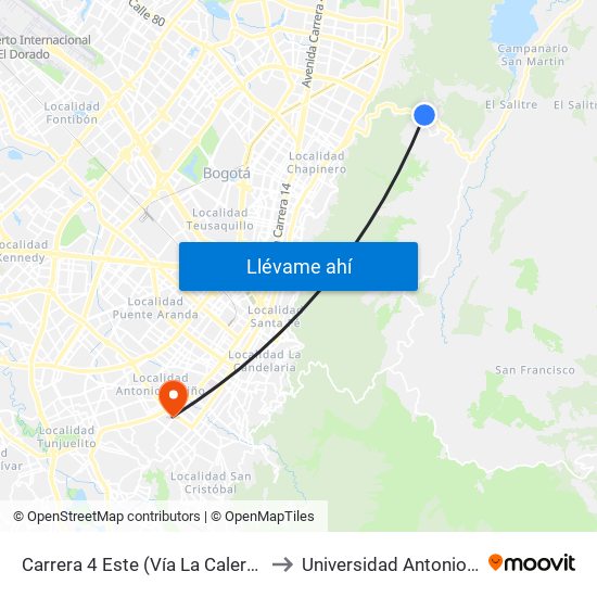 Carrera 4 Este (Vía La Calera Km 4,5) to Universidad Antonio Nariño map