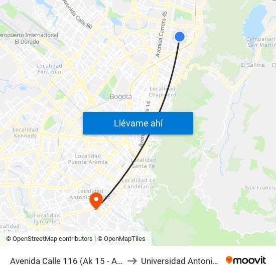 Avenida Calle 116 (Ak 15 - Ac 116) (A) to Universidad Antonio Nariño map